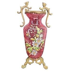 Vase 7.5"‎ 19th Cent Antique Moser Bohemian Cranberry Crackle Glass Enameled 🐝
